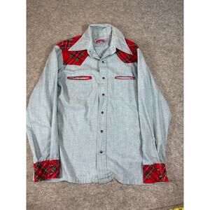 Vintage 70s Wrangler Western Button Up Shirt Mens Small Blue Cowboy Plaid Cuffs
